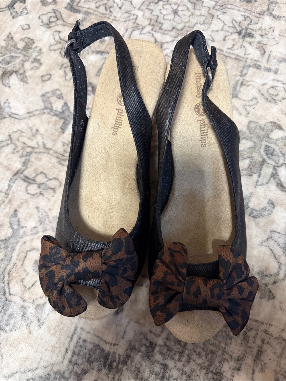 lindsay phillips Black Slingback Peep Toe Heels with Brown Leopard Bow